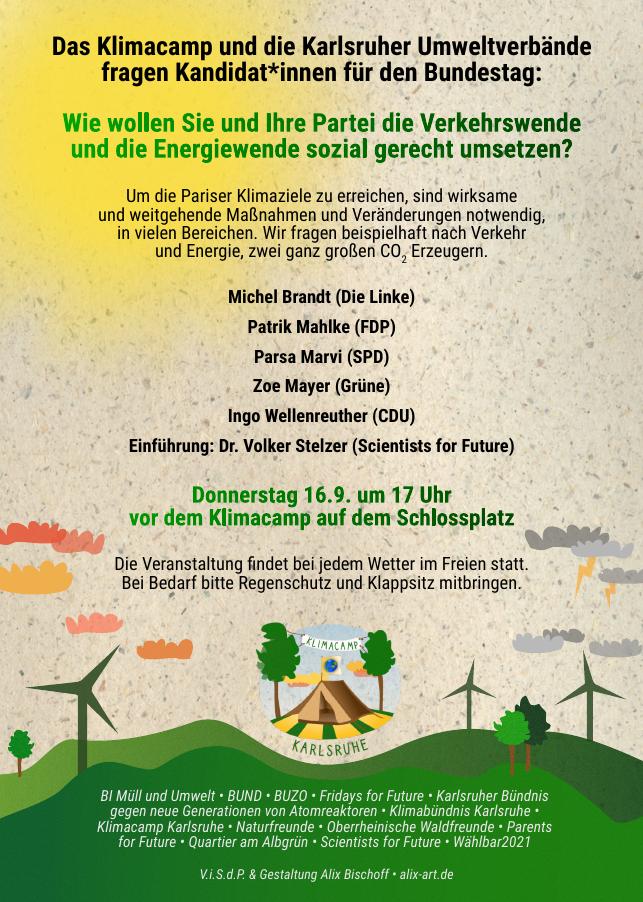 Flyer Diskussion zur Bundestagswahl 2021 beim Klimacamp Karlsruhe